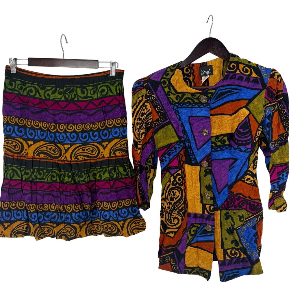 Vintage 90s 2-Piece Skirt Set Bold Paisley Geometric Jewel Tones Size 6 Fall